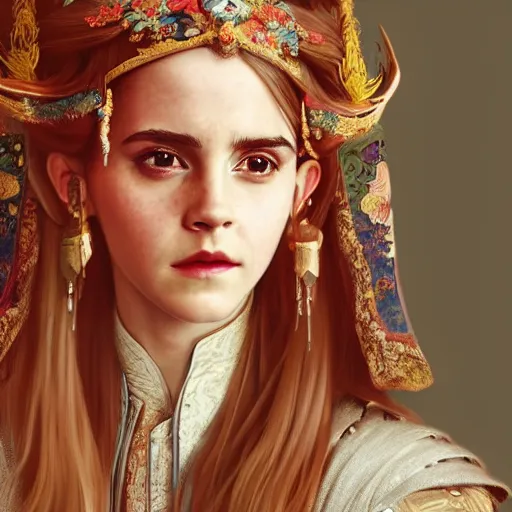 Image similar to a highly detailed portrait of emma watson as a medieval chinese princess, beautiful detail and color, art by john collier and albert aublet and krenz cushart and artem demura and alphonse mucha, volumetric lighting, octane render, 4 k resolution, trending on artstation, masterpiece