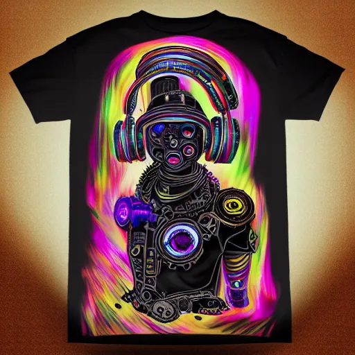 Image similar to mockup of a black tshirt with a hyperdetailed portrait of a steampunk robot with headphones on lsd, 8 k, symetrical, flourescent colors, trippy mood, multicolored,