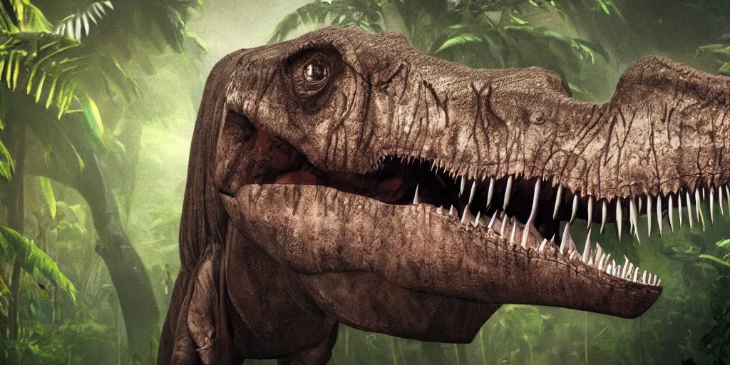 Image similar to photo realism, vary sad, cry tyrannosaurus rex, background jungle, 4 k