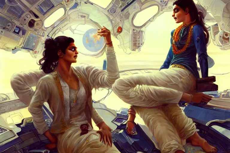 Image similar to Exhilarated good looking pale young Indian doctors wearing jeans in a space station above Earth, portrait, elegant, intricate, digital painting, artstation, concept art, smooth, sharp focus, illustration, art by artgerm and greg rutkowski and alphonse mucha