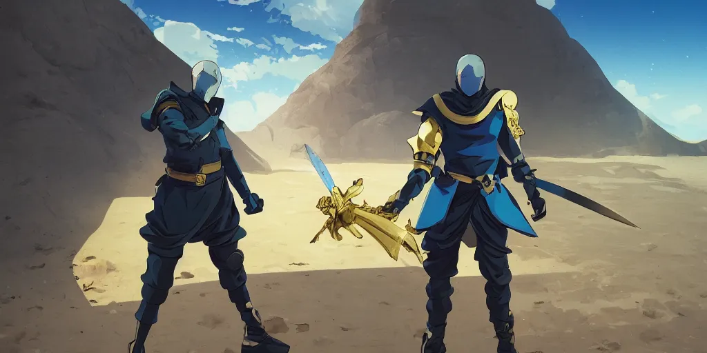 Image similar to blue knight holding a gold sword, green hatchback car screen left, low wide angle, anime, desert landscape, greg rutkowski, Murata, one punch man manga, cinematic, digital art, hyper realistic