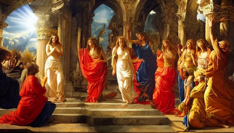 Image similar to mighty aphrodite bestowing her blessing upon her devoted priestesses, atmospheric, dramatic lighting, vivid color, striking detail, high resolution