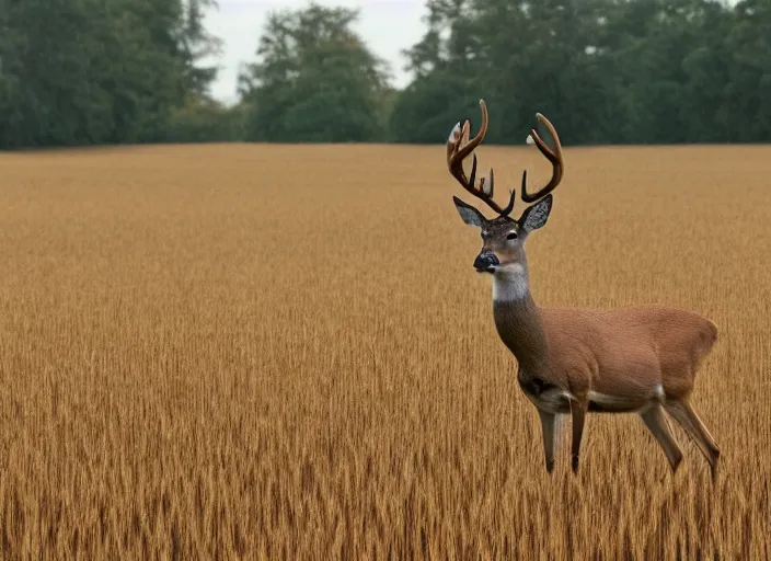 Image similar to A photo of a deer standing in a wheat field surrounded by a forest