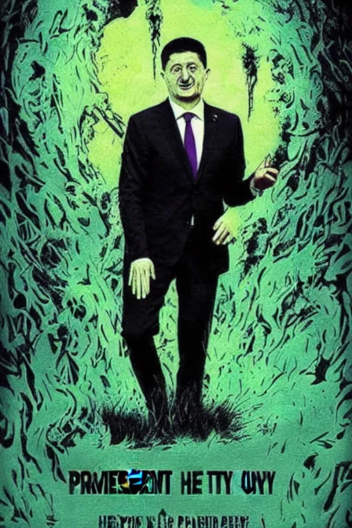 Prompt: president zelensky is in hell, art in the style of a poster for horror films in a cinema, detailed art in color