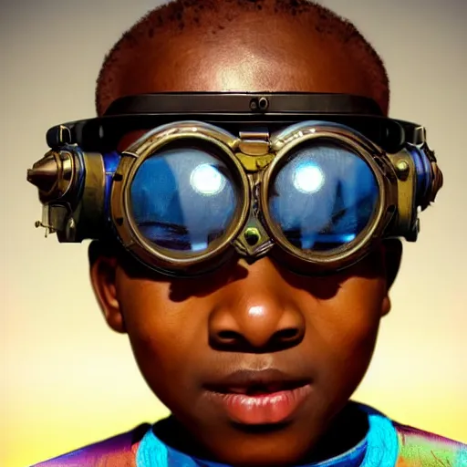 Image similar to colourful vfx upper half - portrait - art of a nigerian boy wearing steam punk goggles, art by utagawa kunisada & james jean, concept art, digital illustration, digital render, volumetric light, ray tracing, symmetrical, unreal engine, octane render, sharp, detailed, highly detailed, intricate detail, pinterest, behance, art station,