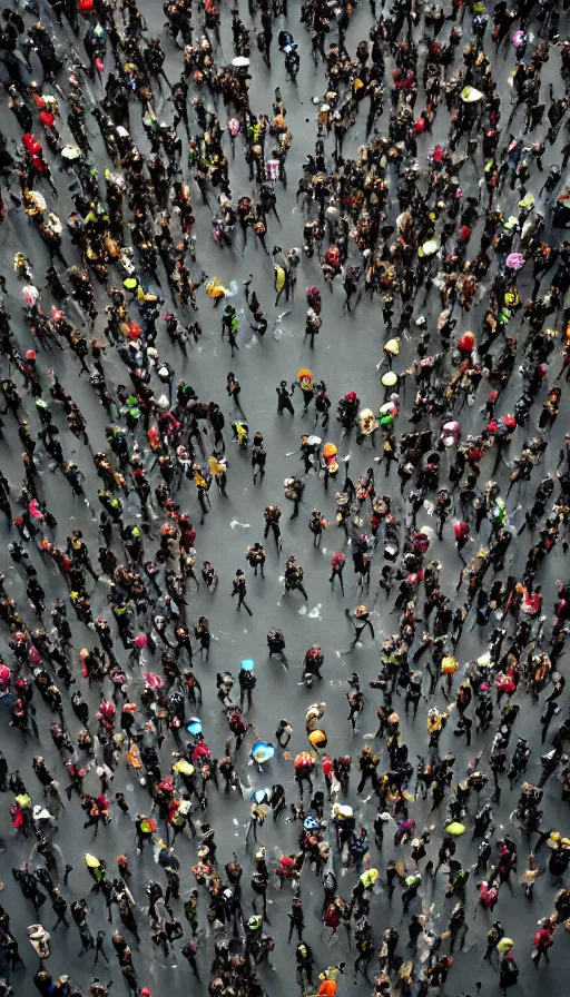 Image similar to hundreds people running away from the catzilla. trending on artstation. realistic cinematography, photorealistic, photography, wide shot from the drone, aerial photo