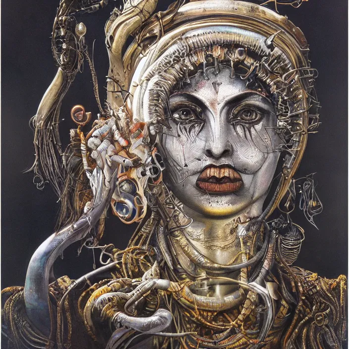 Prompt: shiva, photorealism by h. r. giger, tim burton, full colour spectrum, iridescent specular highlights, white biomechanical, gold, bronze, copper, chrome, titanium, by h. r. giger, tim burton supersampled, 8 k, beautify