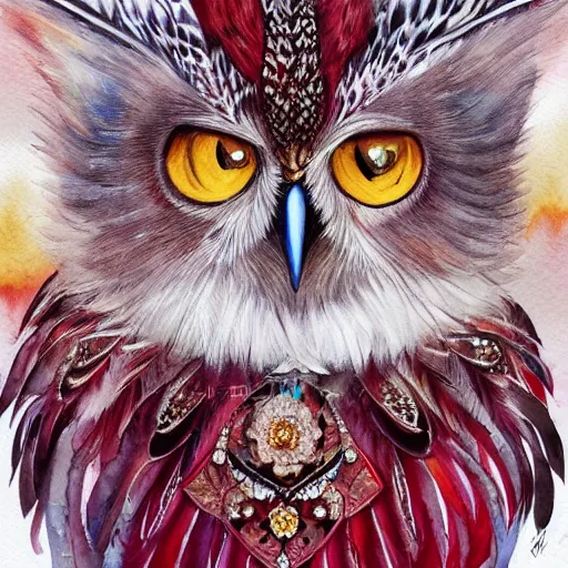 Image similar to a full body Portrait of a Royal Cat Owl, feathers of ruby and gold, Lorenz Stöer, #watercolor anime trending on artstation