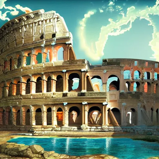 Prompt: ancient roman structure, epic retrowave art, trending on art station