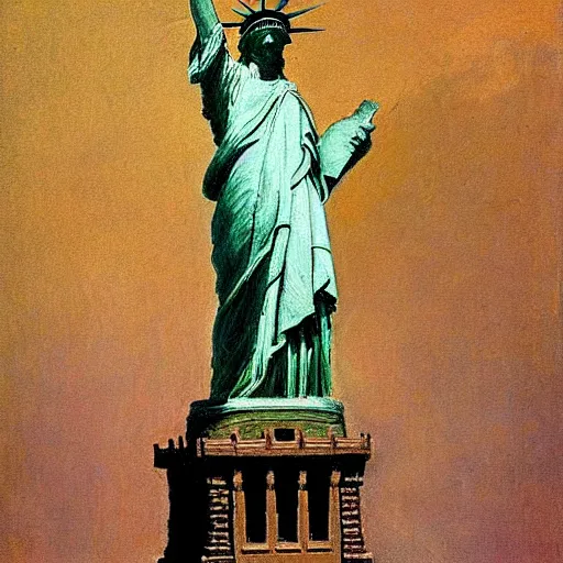Prompt: a painting of the statue of liberty by ilya repin