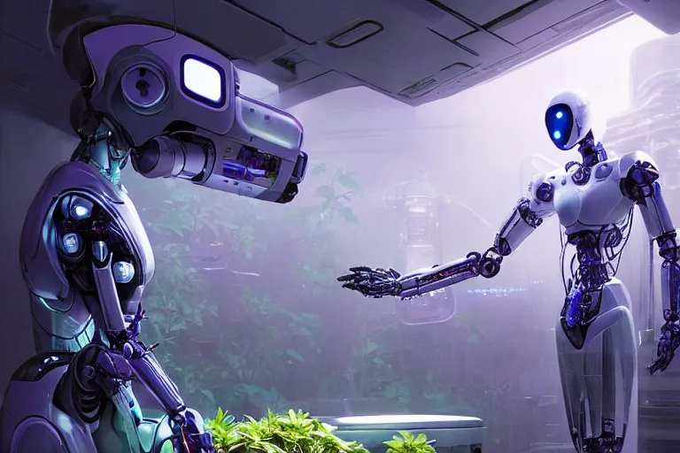 Prompt: androgynoid robot taking care of the plants on a spaceship, beautiful lighting, cinematic lut, shallow depth of field, ultra realistic, hyper - detailed, sci - fi movie style, coherent composition, john harris