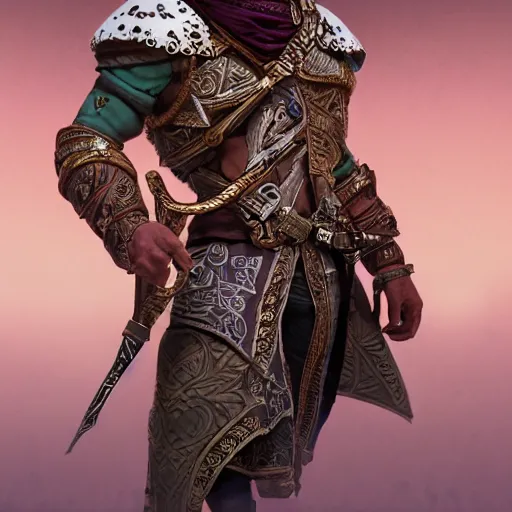 Image similar to D&D rogue character art:: Arabian warrior, intricate ornate armor, half-mask, tattoo, muscle, full body portraits, 35mm, position, cinematic litghing, realism concept art composition, ultra realistic, realism, cinematic, photorealistic, epic scene, low-key lighting, renderman, physically based render, dolby vision, 4k, super detailed, 8K, fantasy, detailed painting, long neck, long anatomy, mixed up, extra anatomy, style of charlie bowater, tom bagsgaw, artgerm, rule of thirds