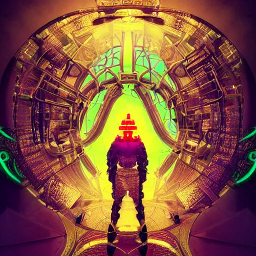 Prompt: symmetry!! a cyberpunk dogon priest opening a steampunk neon portal from within the void, alien cold fusion time machine, by machina infinitum and android jones, surreal psychedelic portrait style, dim lit, rim light, intricate and detailed environment, radiant lighting, fractal with infinite intricacy background, rendered in octane,