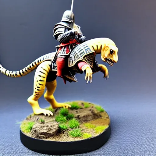 Image similar to A medieval knight riding on a giant two legged leopard gecko, highly detailed, painted wargaming miniature