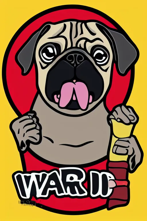 Image similar to Pug as war criminal, sticker, colorful, illustration, highly detailed, simple, smooth and clean vector curves, no jagged lines, vector art, smooth