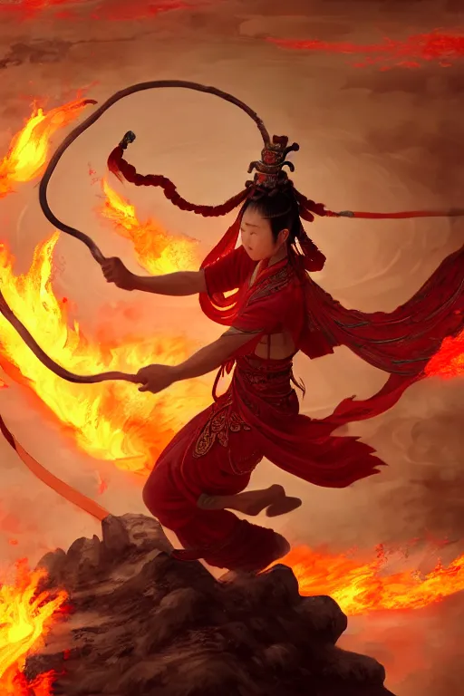 Image similar to nezha flies around swiftly on his wind flame circles in ruin chinese city, chinese mythology, sharp focus, cinematic, fantasy character portrait, highly detailed, by new gods : nezha reborn, nezha : birth of the demon child, trending on artstation, concept art, flame everywhere,