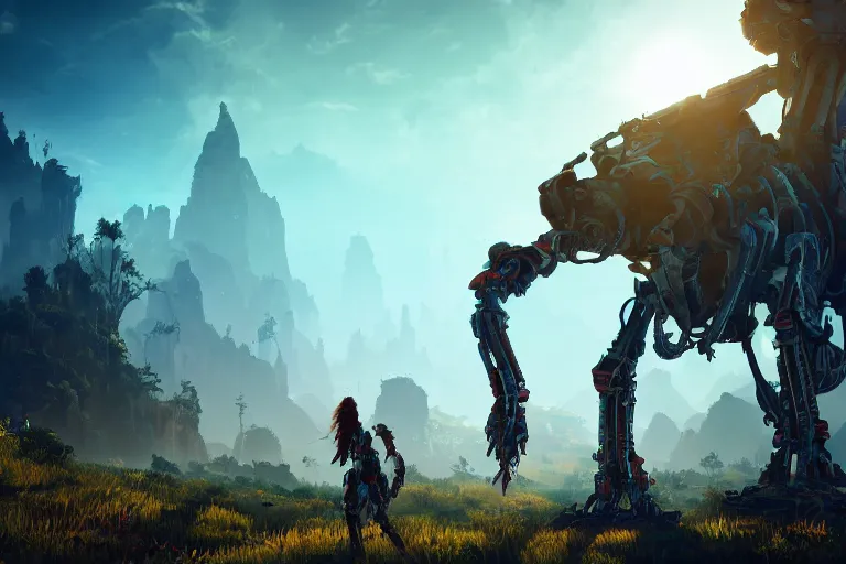 Image similar to tallneck machine mecanical creature robot of horizon forbidden west horizon zero dawn bioluminiscence global illumination ray tracing hdr fanart arstation by ian pesty and alena aenami artworks in 4 k