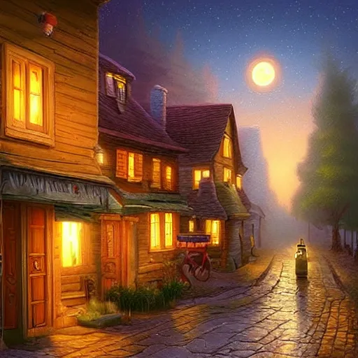 Prompt: towninspired by Evgeny Lushpin stores,cottages,streets,spring, midnight,full moon,cinematic,