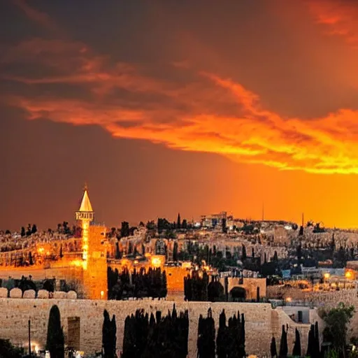 Prompt: a beautiful jerusalem city with lots of glowing crystals, sunset lighting,