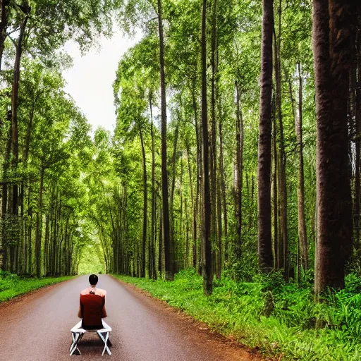 Image similar to A man sitting on a beautiful road in a forest with tall Nutmeg trees lined up on the side of the road with his back to the camera, professional photography