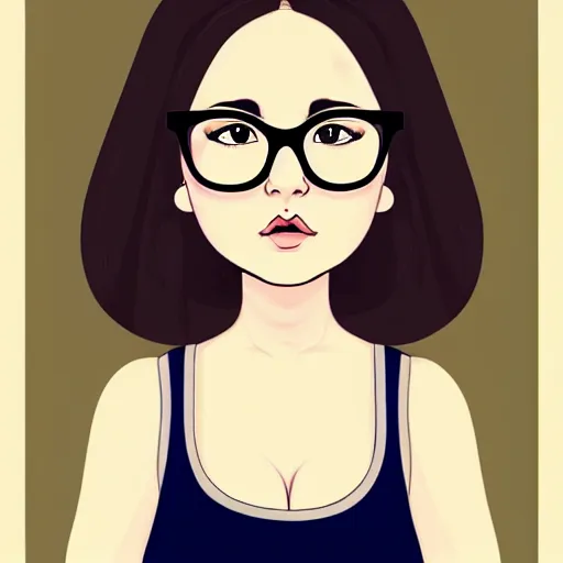 Prompt: A portrait of a plump woman, a cute art neuveau woman with straight brown hair in a Bob, no bangs, brown eyes, large glasses, full face, olive skin, romanian heritage, cartoon, simple, digital art, wide shot, full body , 8k, by mucha