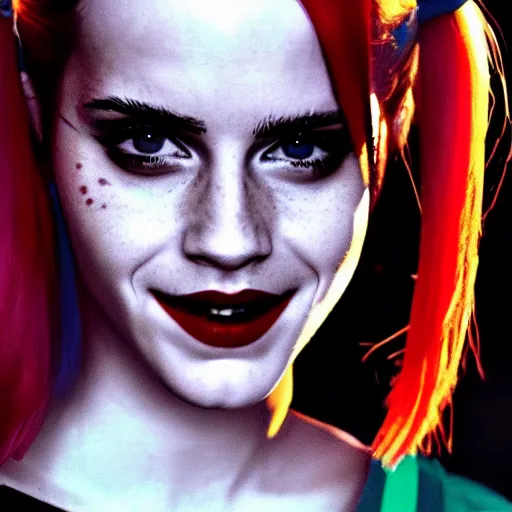 Prompt: Emma Watson as Harley Quinn, cinematic, Wide-shot, atmospheric lighting, directed by Quentin Tarantino, movie still