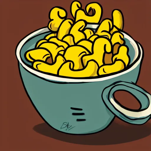 Prompt: a hand drawn illustration of a box of mac and cheese holding a cup coffee