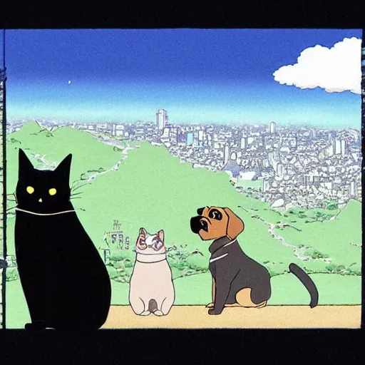 Image similar to a black cat and pug dog hold hands and look out over a city, Miyazaki, studio ghibli