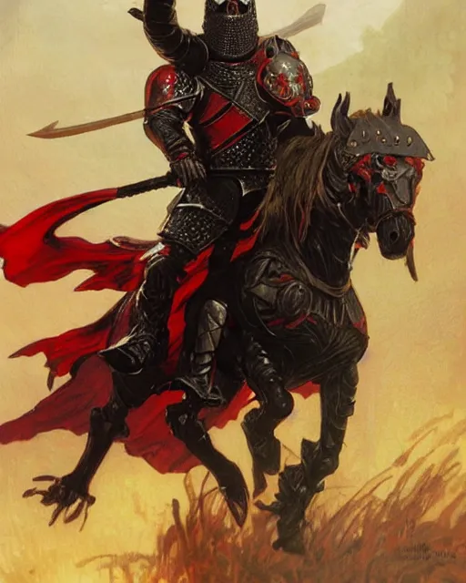 Image similar to a knight in black and red armor with glowing red eyes on horseback, intricate, highly detailed, artstation, concept art, dynamic lighting, illustration, sharp focus, Magic the Gathering art, art by ralph horsley, greg rutkowski, alphonse mucha