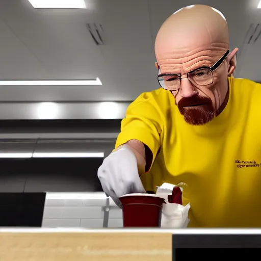 Prompt: walter white working at mcdonalds, stressed, serving at drive thru, photorealistic, hd, 4k, natural lighting, cinematic