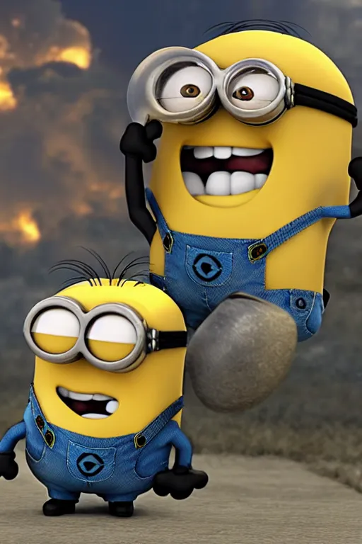 Image similar to minion trying to explode a bomb, realistic, dramatic lightening, cinematic