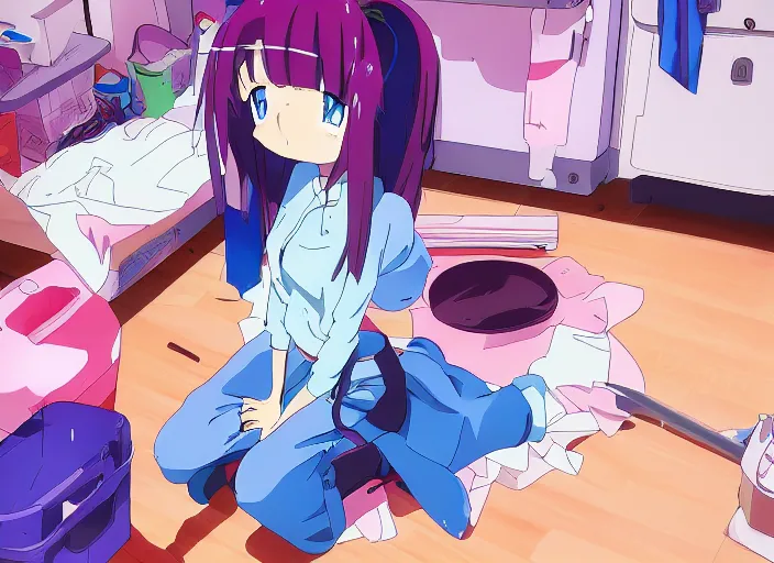 Image similar to anime screenshot pattern, an untidy room with laundry on the floor. original cute girl doing cute things / iyashike / slice life gainax 4 k ultrahd award winning