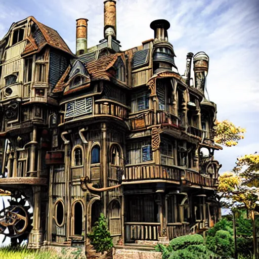 Prompt: steampunk house style of hideo miyazaki