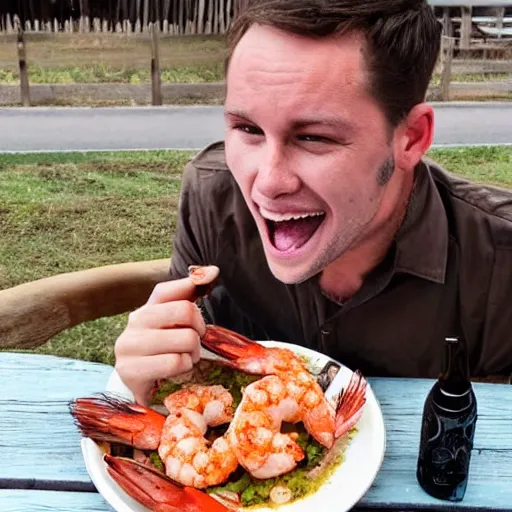 Prompt: an attractive man with brown hair eating shrimp while riding a cow