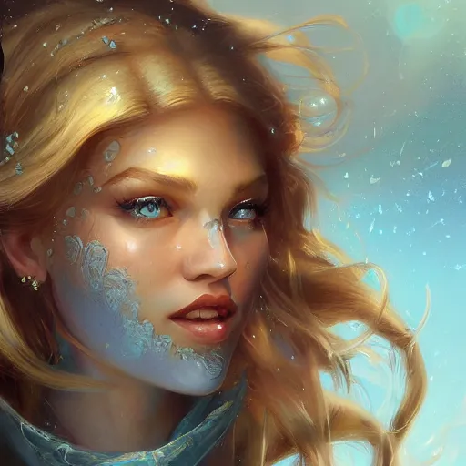 Image similar to an insanely detailed portrait of a beautiful woman facing you, highly detailed features, sparkling blue eyes, long eyelashes, long golden blonde hair, beautiful smile, in the style of peter mohrbacher, artgerm, dramatic lighting and composition, octane render, trending on artstation, concept art 8 k