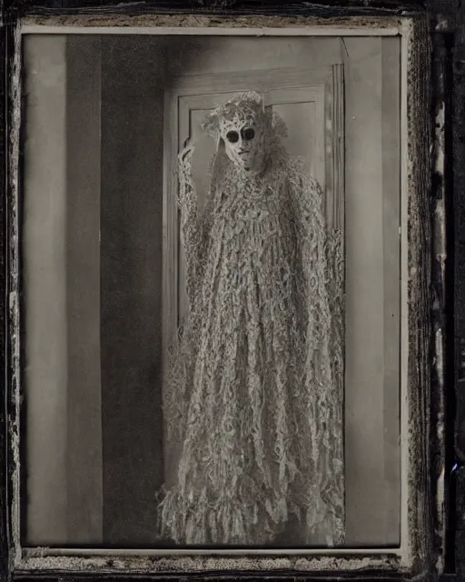 Image similar to a woman standing in a doorway, made of intricate decorative lace leaf skeleton, in the style of the dutch masters and gregory crewdson, dark and moody