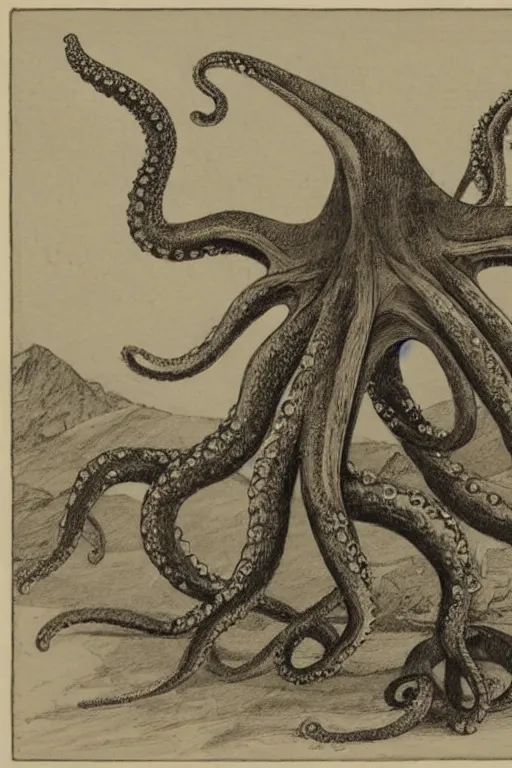 Prompt: a concpet of a giant octopus walking on terrain, some wood buildings on his body, by Even Amundsen, pencil