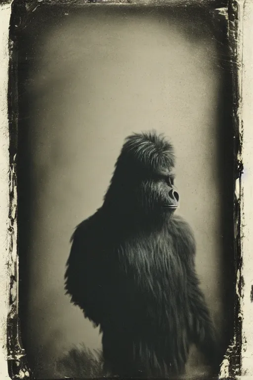 Image similar to a wet plate photograph of a Bigfoot trying on a hat