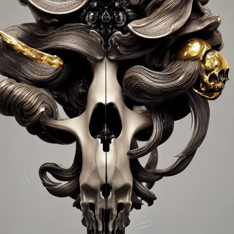 Image similar to goddess princess face close-up portrait ram skull. sculpture made of polished gold and matte obsidian. jellyfish phoenix head, nautilus, orchid, skull, betta fish, bioluminiscent creatures, intricate artwork by Tooth Wu and wlop and beeple. octane render, trending on artstation, greg rutkowski very coherent symmetrical artwork. cinematic, hyper realism, high detail, octane render, 8k