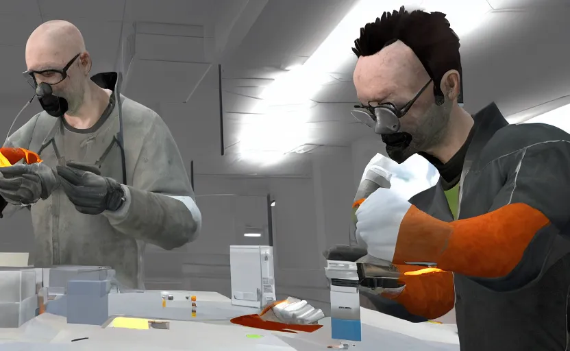 Prompt: half life 1 scientist eating chunks out of the test sample