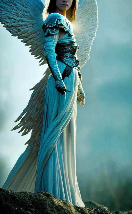 Image similar to angel, big wings, low key light, full plate armor with cloth, f 2. 8, bokeh, medium portrait, gentle, female, dark ruins, landscape, d & d, fantasy, intricate, elegant, highly detailed, teal white gold color palette, roger deakins, sharp focus, greg rutkowski and alphonse mucha