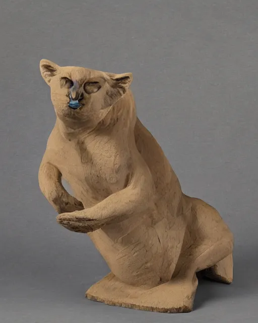 Prompt: a history textbook page with a picture of 'clay sculpture of a giant cougar', clay sculpture, photograph, zoomed out, trending on tumblr, textbook page