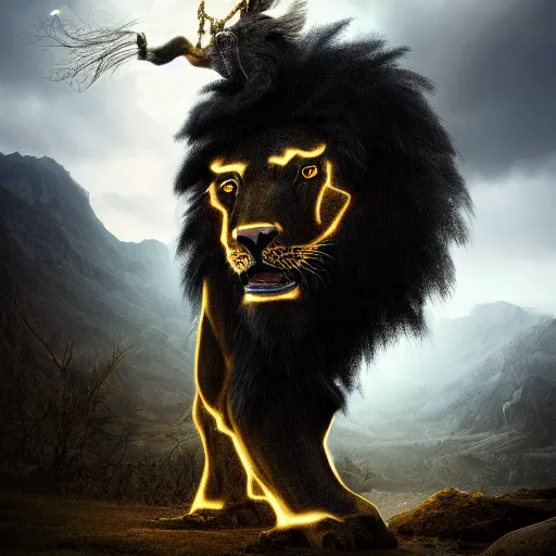 Image similar to black lion's god looking at you with fur made from gold lightnings surrounded by epic ancient huge forest and mountains, colossal scale, cinematic shot, hyperdetails, dramatic lighting, by Evgeniy Antonenkov and James Jean