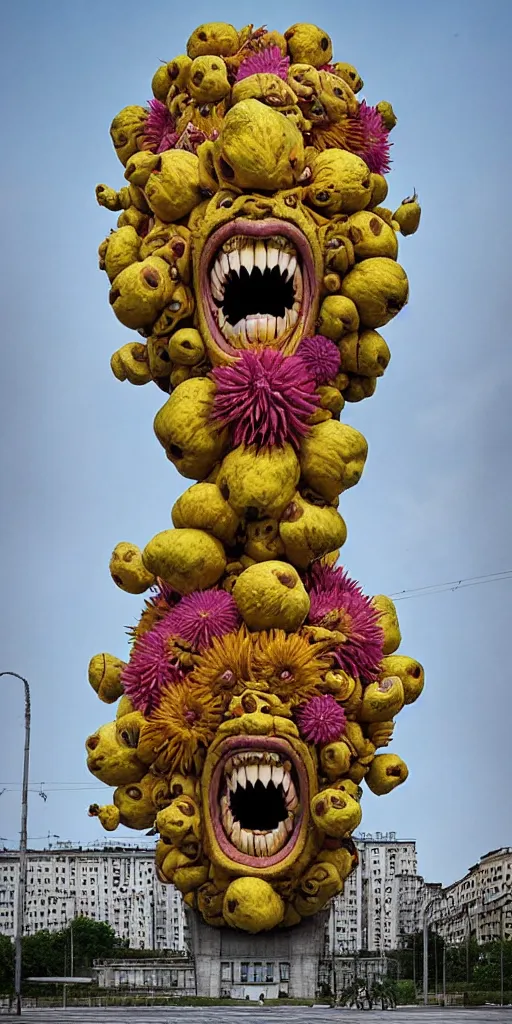 Image similar to colossal grotesque Beelzebub flower made from angry smiles in the middle of post soviet constructivist cityscape, Stalinist architecture, brutalist architecture, ultradetailed, Intricate by Hayao Miyazaki and Josan Gonzalez and Makoto Shinkai and Giuseppe Arcimboldo and MC Esher and Wes Anderson