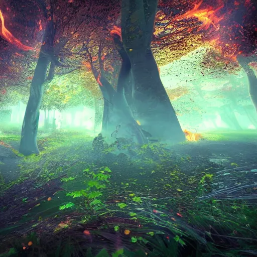 Prompt: a beautiful firey portal to another dimension, floating in the air, in a forest clearing, hyper detailed, 8 k