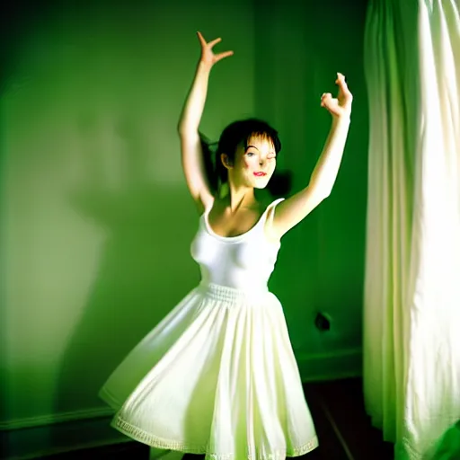 Image similar to cute girl wearing white dancing joyfully in her bedroom at night, dark green atmospheric lighting, elegant, highly detailed, heavy grain, sharp focus, depth of field, radiant light, 8 k, hdr, beautiful composition, photographed by steve mccurry