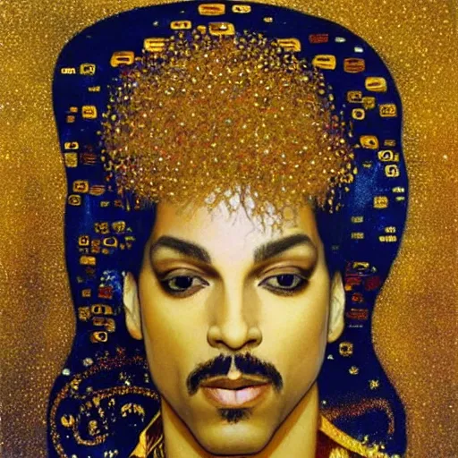 Image similar to a gold painting of Prince in the style ok Klimt. Lots of gold foil. So much gold. Gold color scheme.