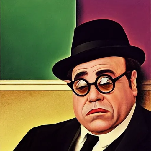 Image similar to Danny Devito as Don Corleone by Raphael, Hopper, and Rene Magritte. detailed, romantic, enchanting, trending on artstation.