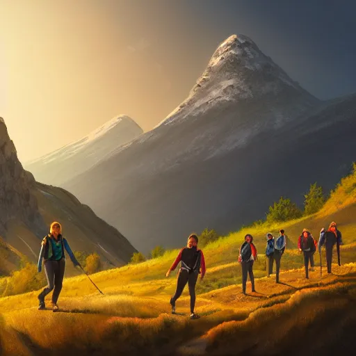 Image similar to of team in Armenia hiking at a weekend and posing with mountains on the background, the word Willow is in view like one in Hollywood, elegant, highly detailed, digital painting, volumetric light, artstation, concept art, smooth, sharp focus, illustration