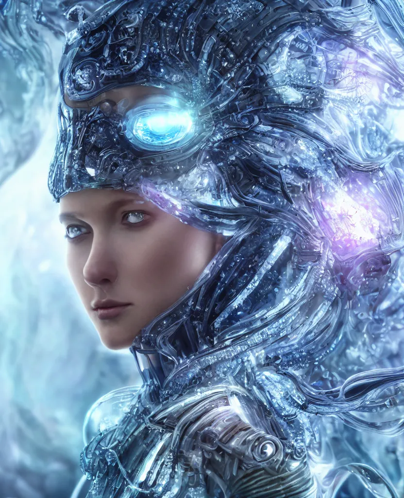 Image similar to epic futuristic ancient close-up macro portrait of the face of a beautiful princess, epic angle and pose, symmetrical artwork, 3d with depth of field, blurred background, cybernetic jellyfish crystal, obsidian, female face skull phoenix bird, translucent, nautilus, energy flows of water and fire. a highly detailed epic cinematic concept art CG render. made in Maya, Blender and Photoshop, octane render, excellent composition, cinematic dystopian brutalist atmosphere, dynamic dramatic cinematic lighting, aesthetic, very inspirational, arthouse. y Greg Rutkowski, Ilya Kuvshinov, WLOP, Stanley Artgerm Lau, Ruan Jia and Fenghua Zhong